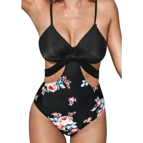 Cupshe Other - Cupshe floral wrap cutout one piece bathing suit swimsuit black size X-Small XS